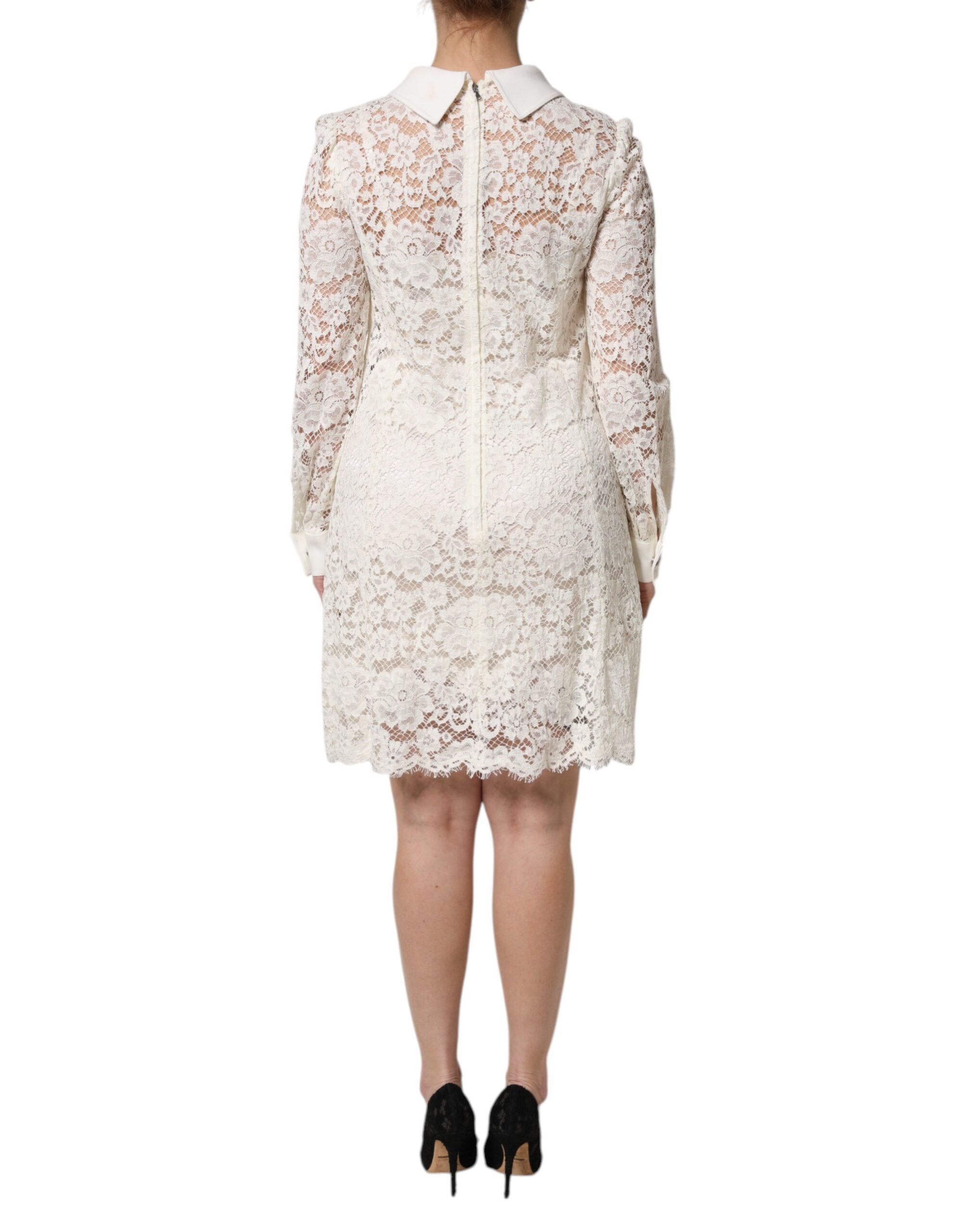 Dolce & Gabbana White Floral Lace Long Sleeves Shift Dress