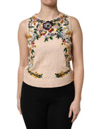 Dolce & Gabbana Beige Floral Embroidery Sleeveless Tank Top