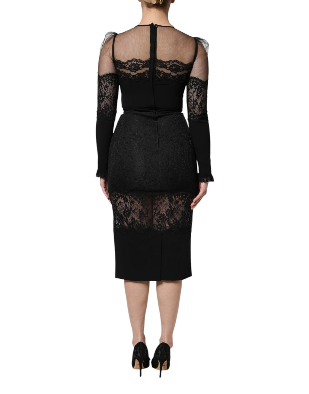 Dolce & Gabbana Black Lace Trim Nylon Tulle Sheath Midi Dress