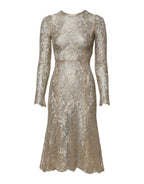 Dolce & Gabbana Gold Floral Lace Long Sleeves Fit & Flare Dress