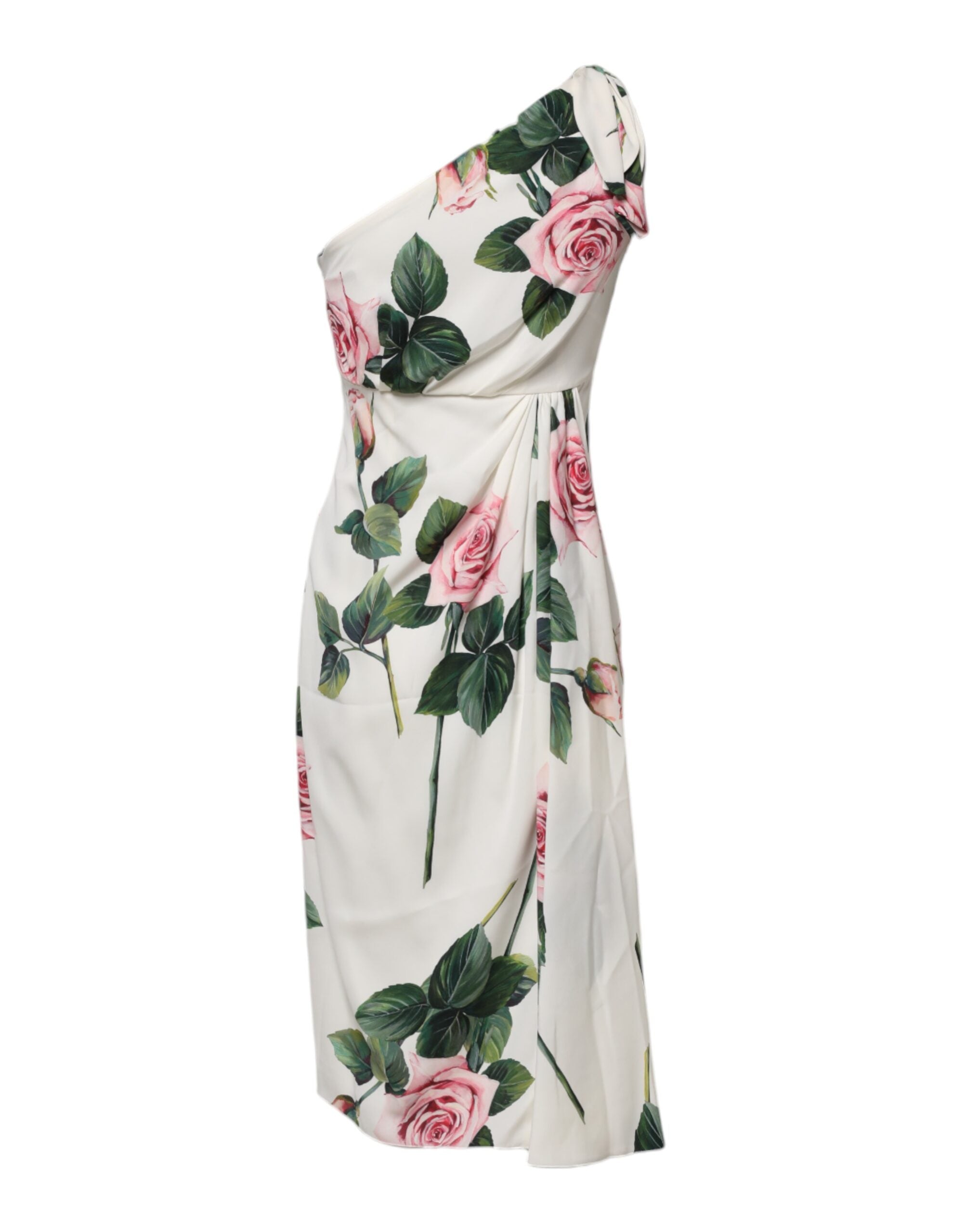 Dolce & Gabbana White Floral One Shoulder Sheath Midi Dress