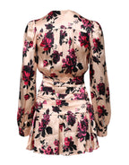 Laneus Pink Floral Silk Long Sleeves V-neck Wrap Mini Dress