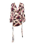 Laneus Pink Floral Silk Long Sleeves V-neck Ruched Mini Dress