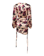 Laneus Pink Floral Silk Long Sleeves V-neck Ruched Mini Dress