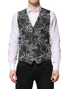 Dolce & Gabbana Black Gray Brocade Formal Men Waistcoat Vest