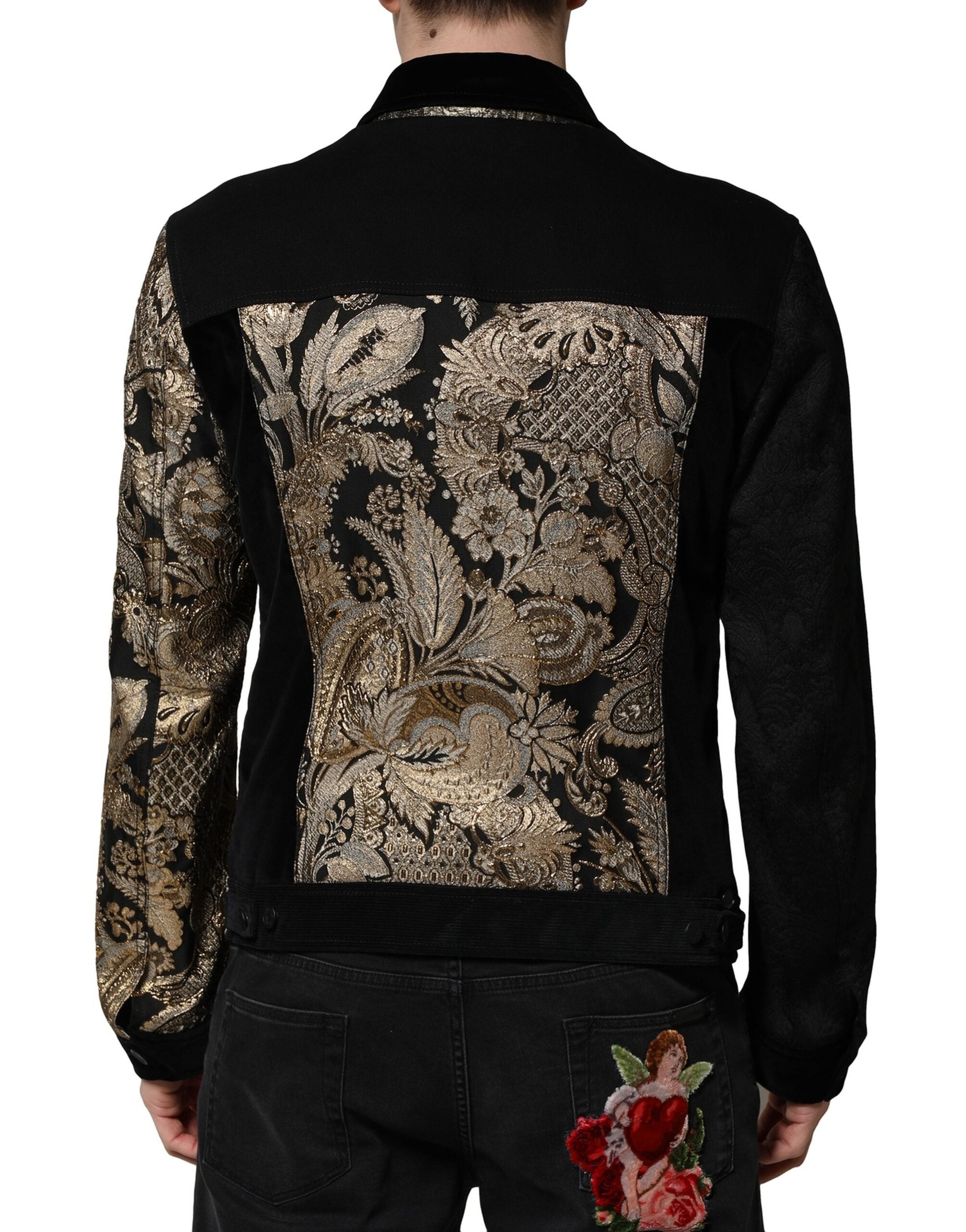 Dolce & Gabbana Black Gold Floral Jacquard Men Biker Jacket