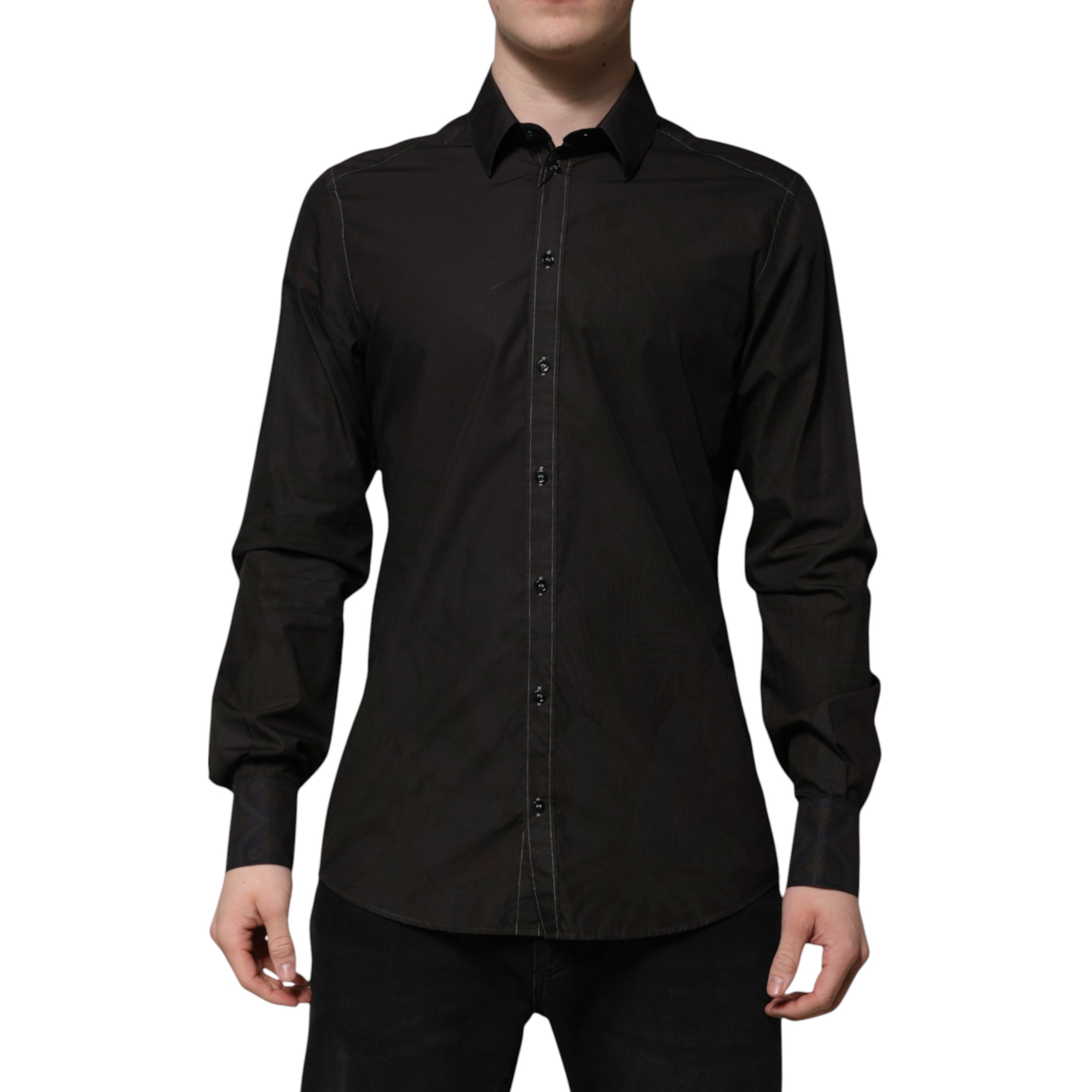 Dolce & Gabbana Black Cotton Jacquard GOLD Collar Dress Shirt