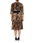 Dolce & Gabbana Brown Leopard Print Belted A-line Midi Dress