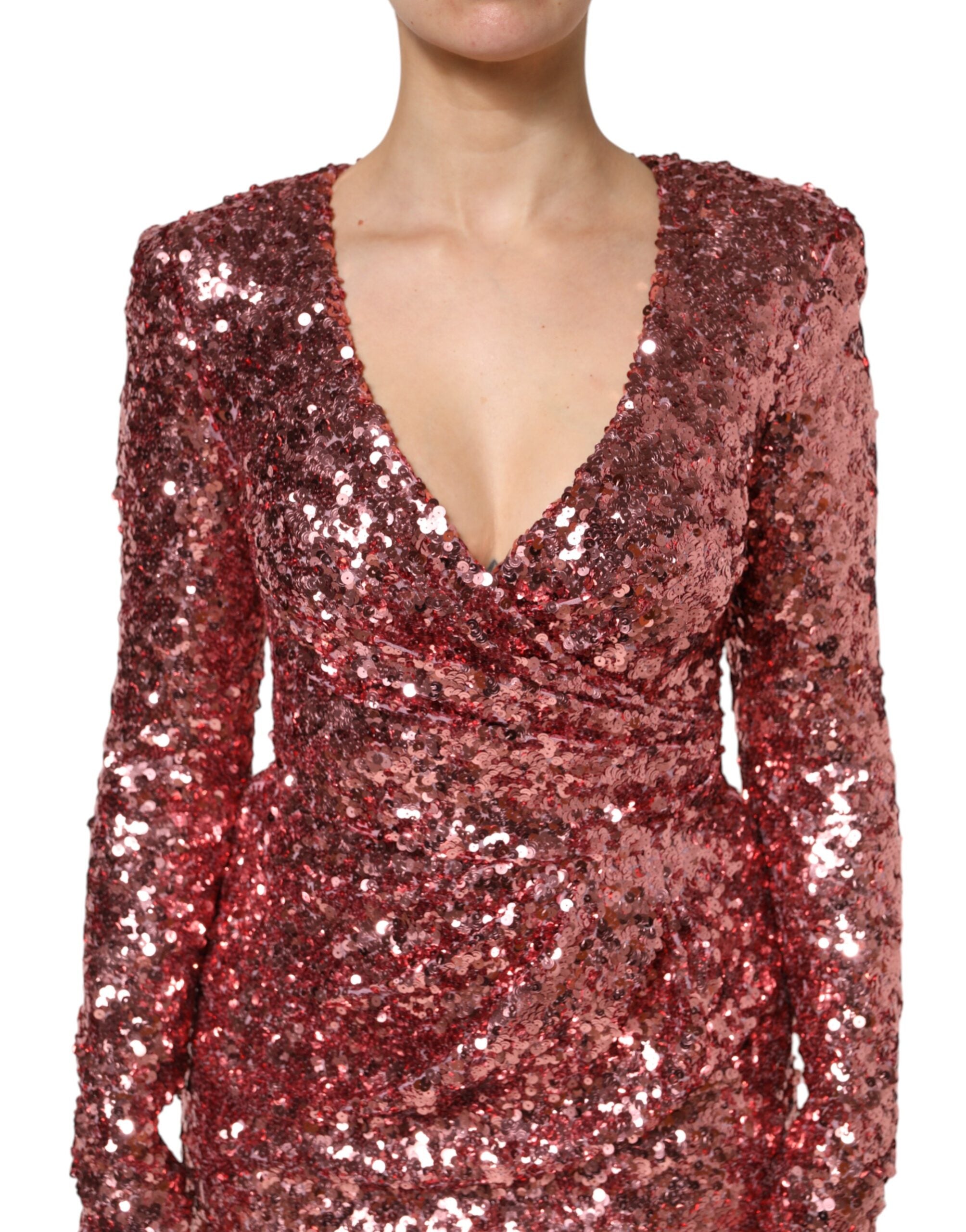Dolce & Gabbana Pink Sequin Statement Nylon Midi V-Neck Dress