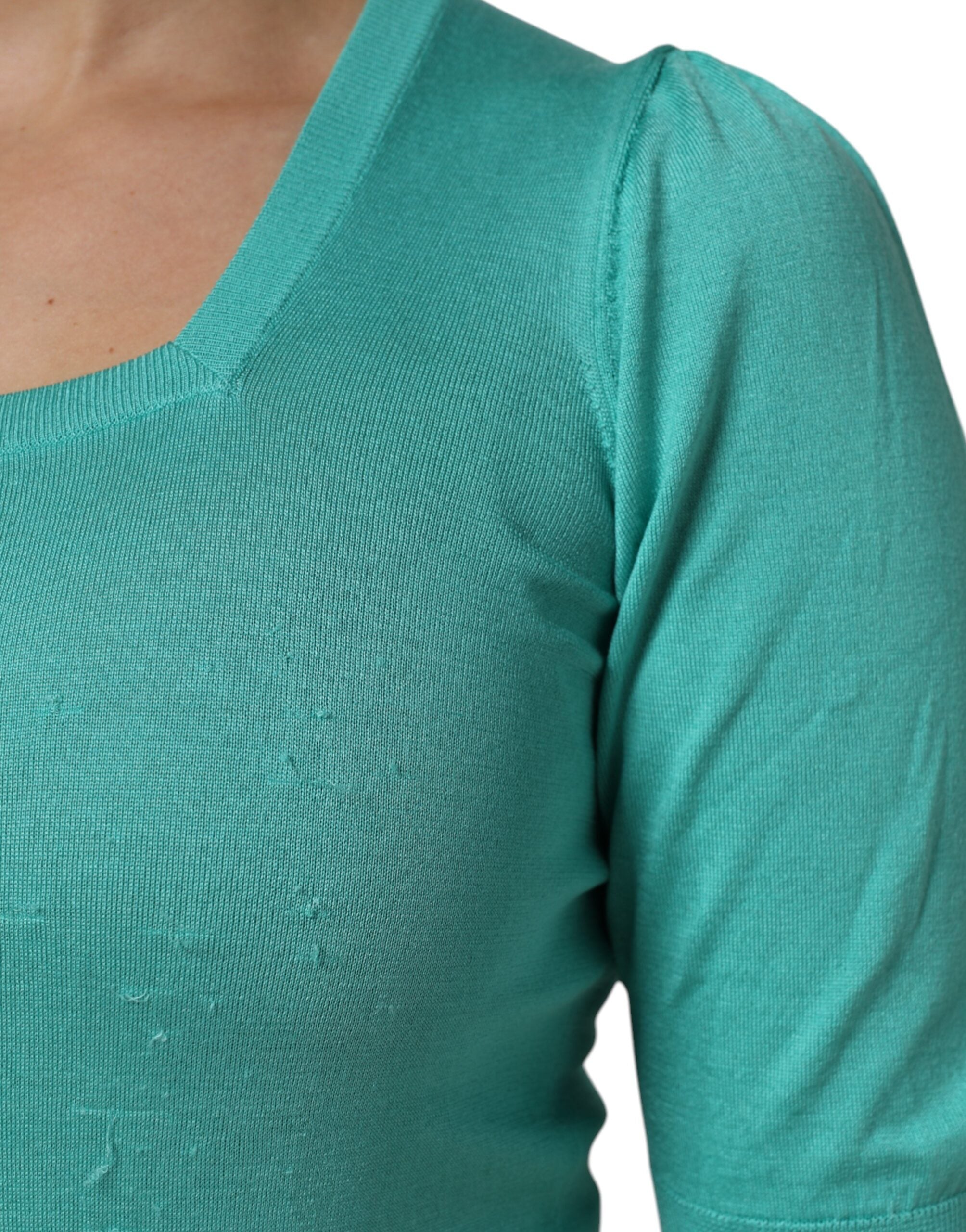 Dolce & Gabbana Aqua Blue Silk Short Sleeves Square Neck Top