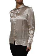 Dolce & Gabbana Beige Satin Silk Collared Long Sleeves Top