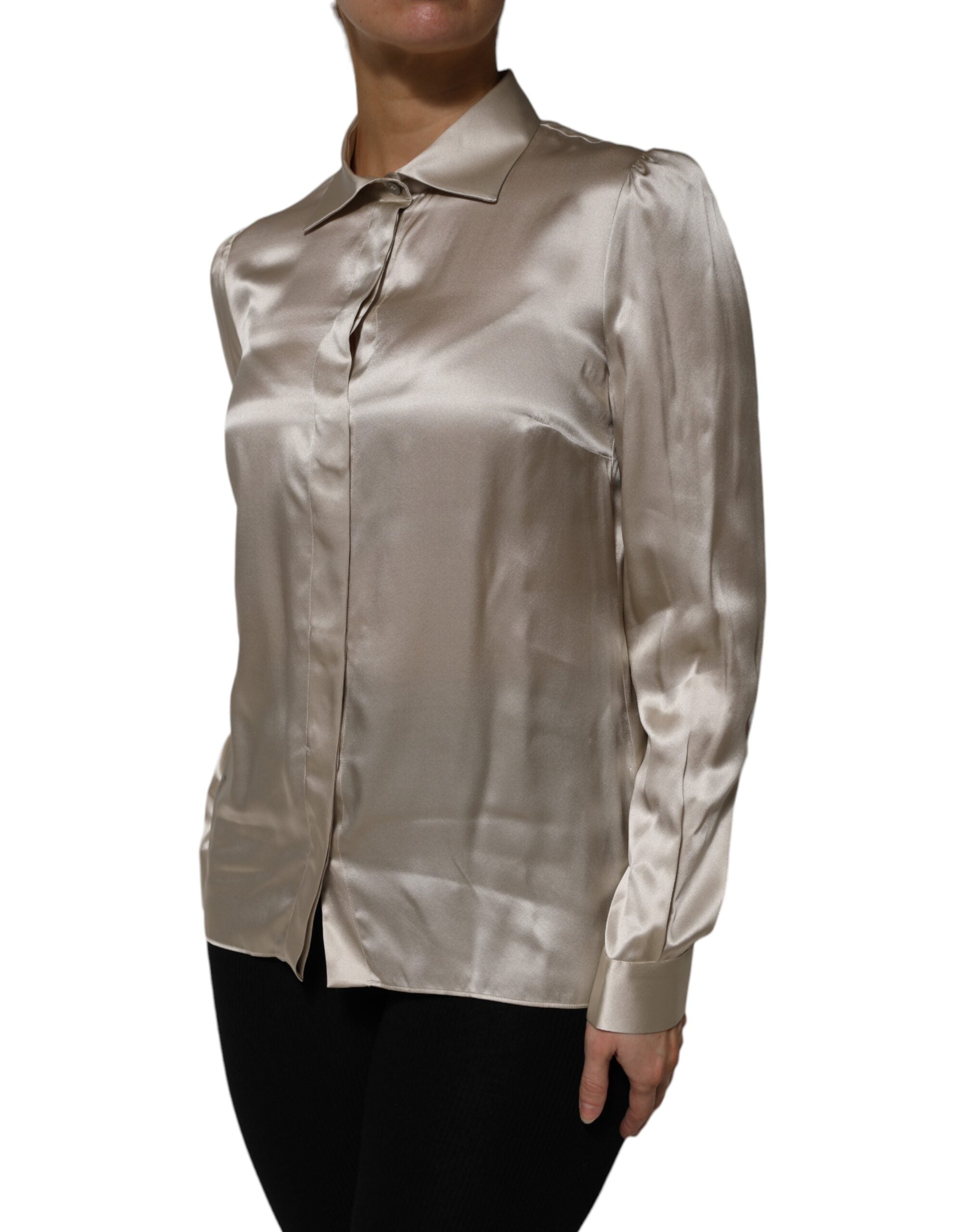 Dolce & Gabbana Beige Satin Silk Collared Long Sleeves Top