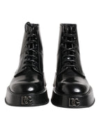 Dolce & Gabbana Black Leather Logo Ankle Boots Lace Up Shoes