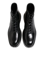 Dolce & Gabbana Black Leather Logo Ankle Boots Lace Up Shoes