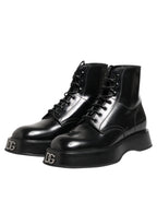 Dolce & Gabbana Black Leather Logo Ankle Boots Lace Up Shoes