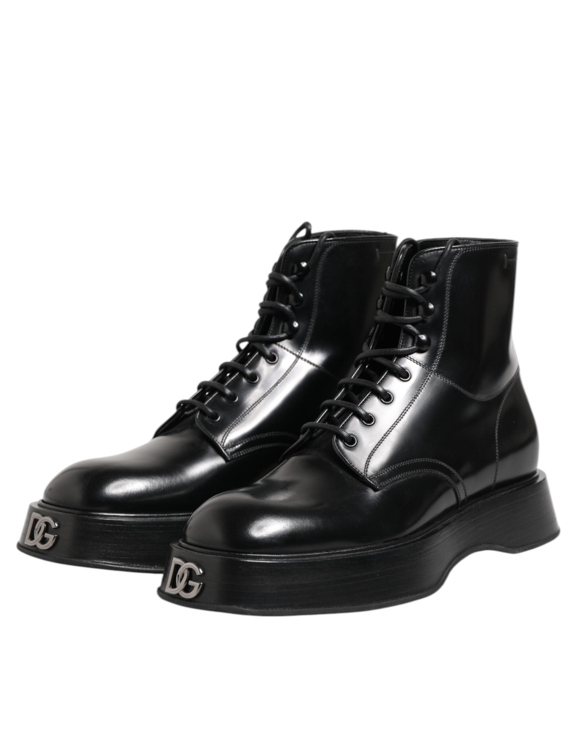 Dolce & Gabbana Black Leather Logo Ankle Boots Lace Up Shoes