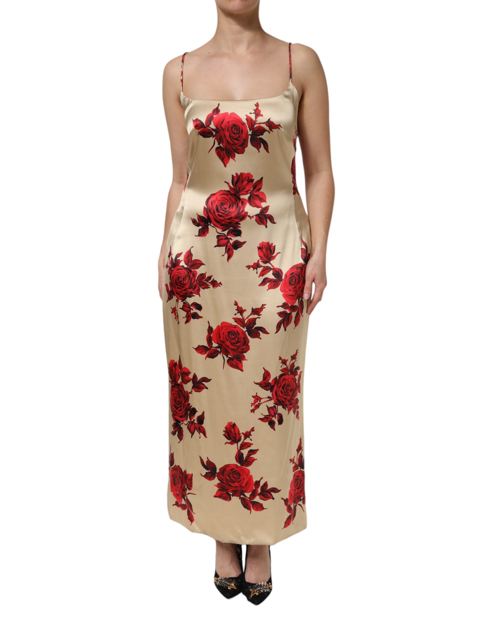 Dolce & Gabbana Beige Floral Spaghetti Strap Sheath Dress