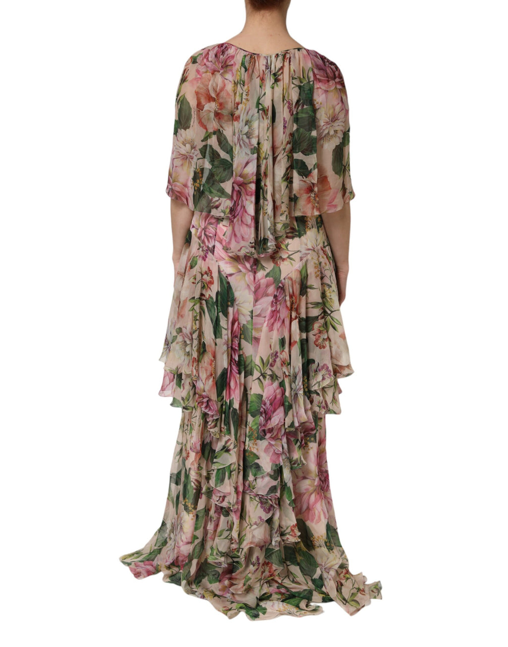 Dolce & Gabbana Pink Floral Print Tiered Long Maxi Dress