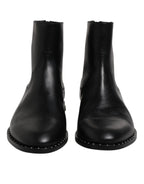 Dolce & Gabbana Black Leather Logo Ankle Boots Studded Shoes