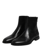 Dolce & Gabbana Black Leather Logo Ankle Boots Studded Shoes