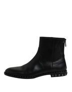 Dolce & Gabbana Black Leather Logo Ankle Boots Studded Shoes