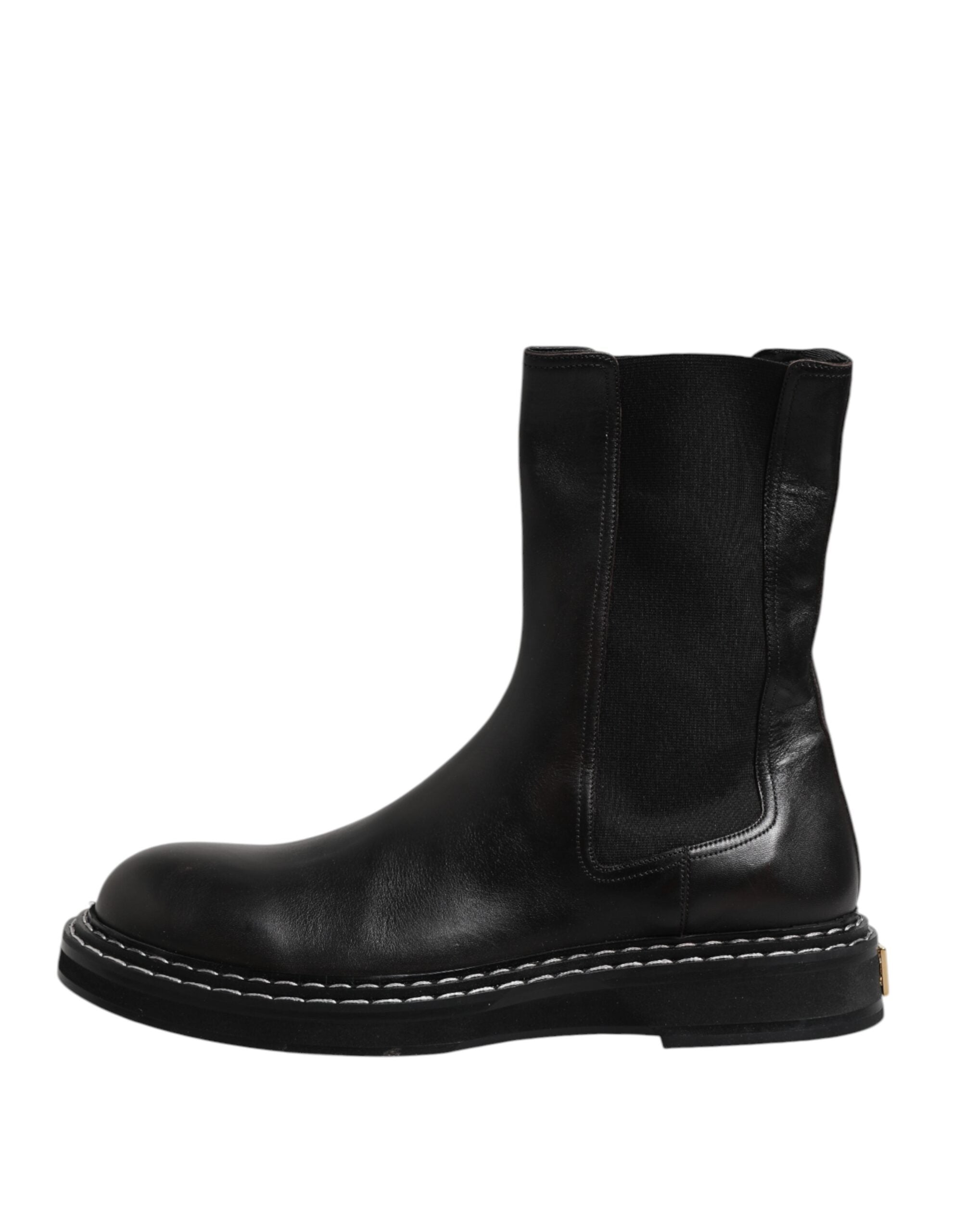 Dolce & Gabbana Black Leather Mid Calf Boots Flats Shoes