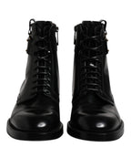 Dolce & Gabbana Black Leather Mid Calf Boots Lace Up Shoes