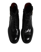 Dolce & Gabbana Black Leather Mid Calf Boots Lace Up Shoes