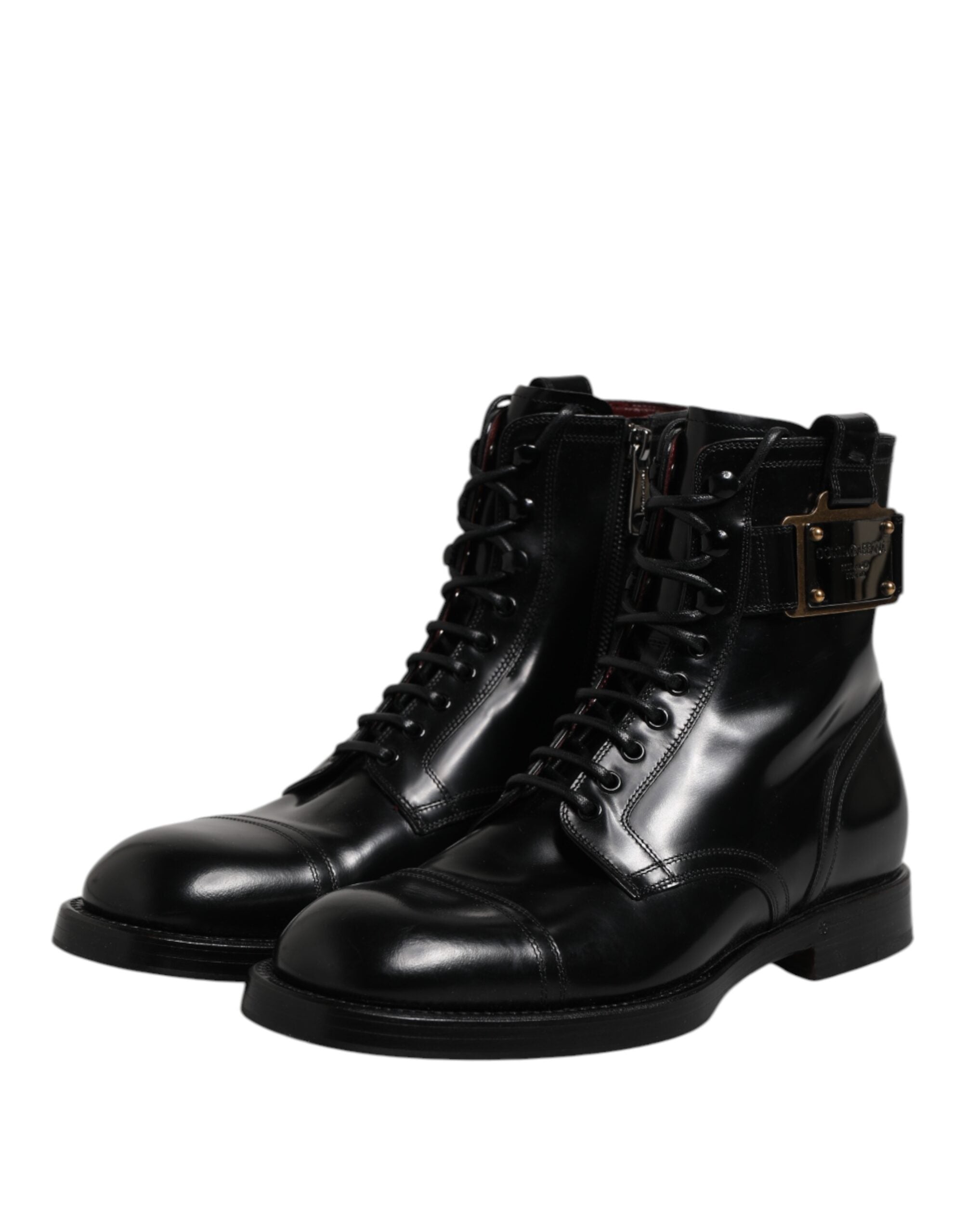 Dolce & Gabbana Black Leather Mid Calf Boots Lace Up Shoes
