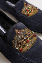 Dolce & Gabbana Blue Suede Crown Crystal Loafers Dress Shoes