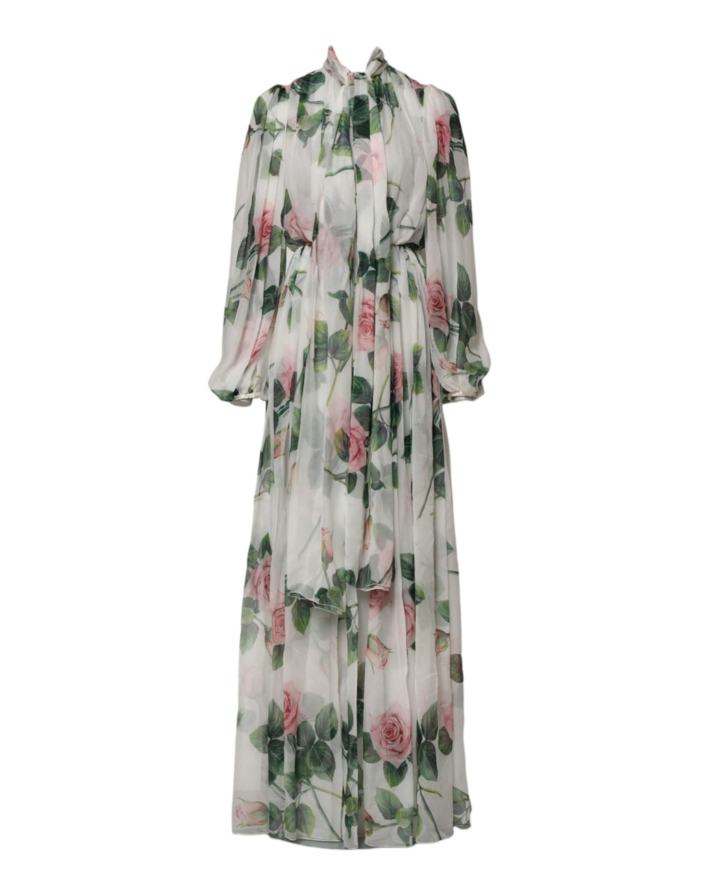 Dolce & Gabbana White Floral Roses Silk Maxi Long Gown Dress