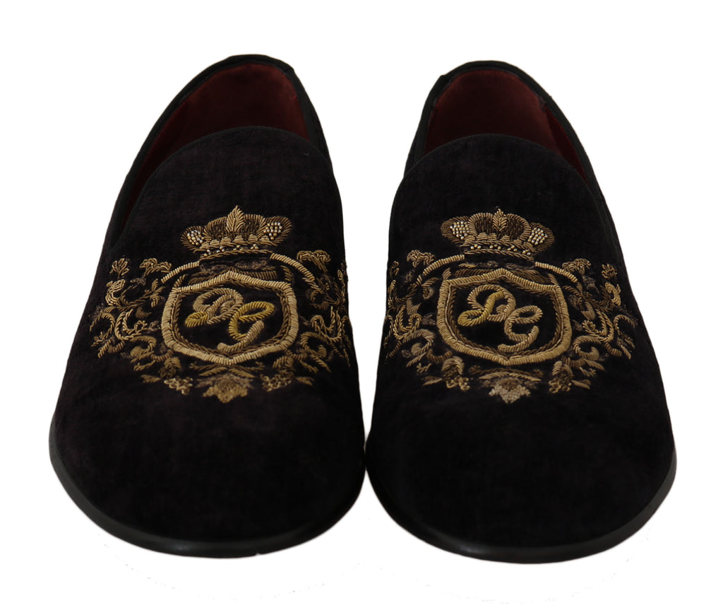 Dolce & Gabbana Loafers Black Velvet Gold Crown