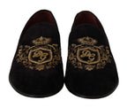 Dolce & Gabbana Loafers Black Velvet Gold Crown