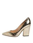 Sergio Rossi Gold Leather Pointed Toe Block Heels Shoes
