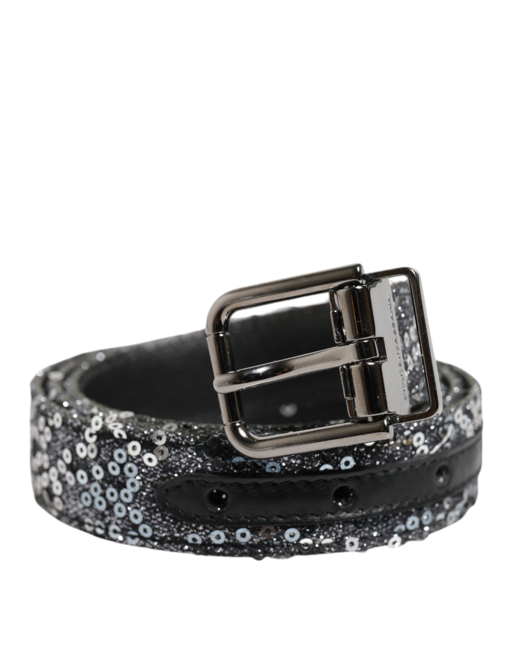 Dolce & Gabbana Black Sequins Silver Metal Logo Buckle Belt