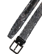 Dolce & Gabbana Black Sequins Silver Metal Logo Buckle Belt