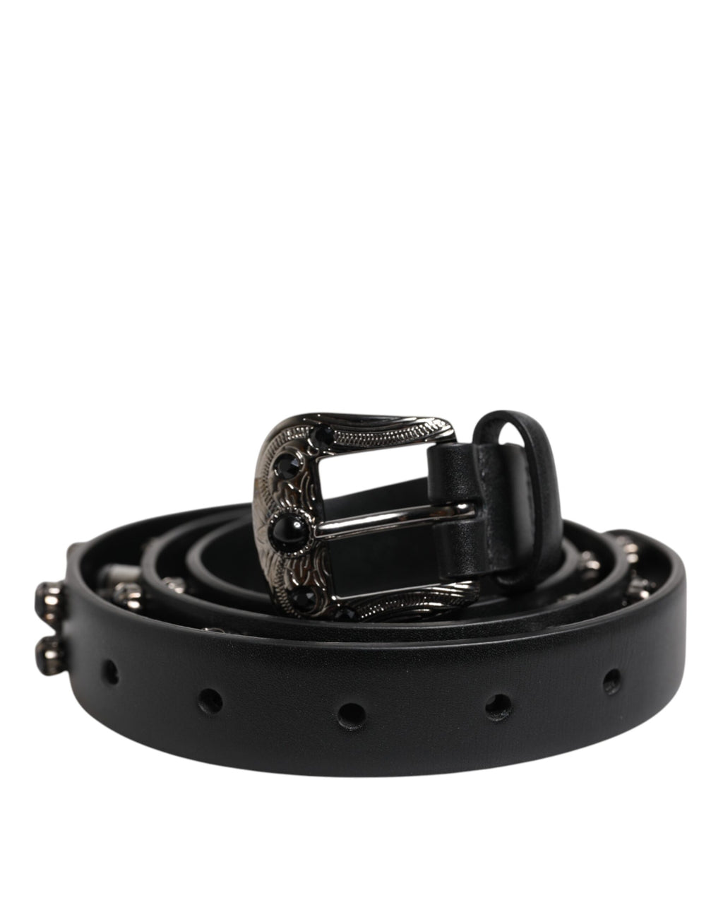 Dolce & Gabbana Black Studded Leather Metal Logo Buckle Belt