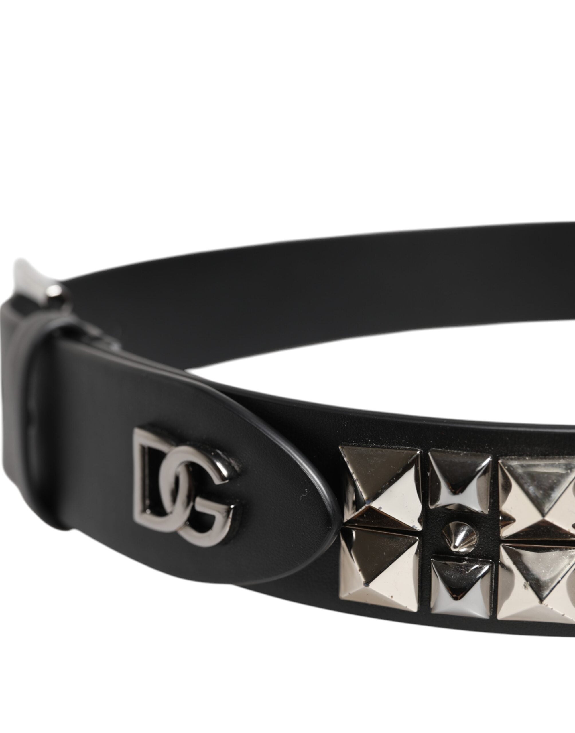 Dolce & Gabbana Black Leather Studded DG Metal Buckle Belt