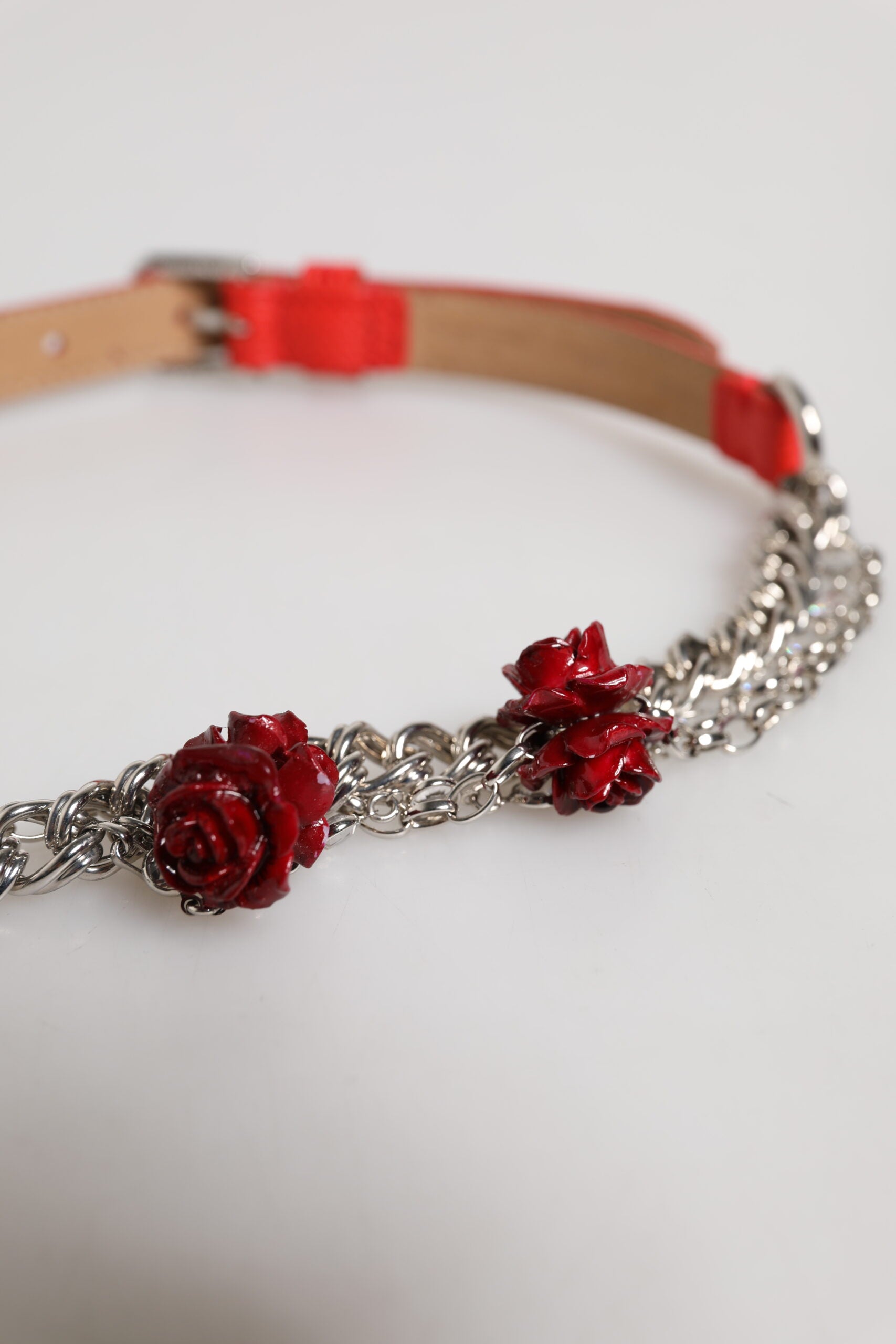 Dolce & Gabbana Red Leather Silver Chain Floral Cintura Belt