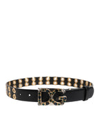 Dolce & Gabbana Black Leather Eyelet Crystal DG Buckle Belt