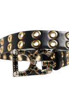 Dolce & Gabbana Black Leather Eyelet Crystal DG Buckle Belt