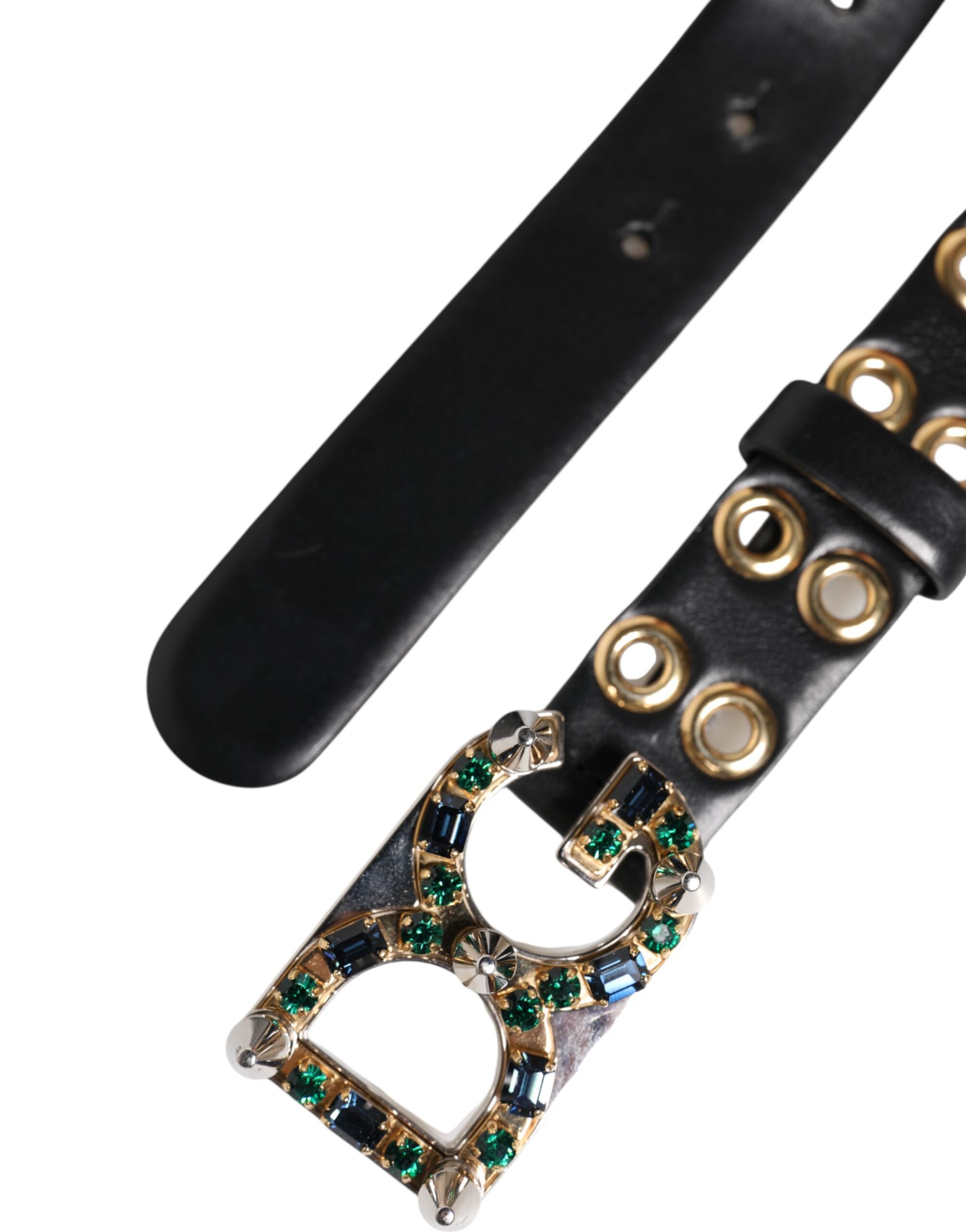 Dolce & Gabbana Black Leather Eyelet Crystal DG Buckle Belt