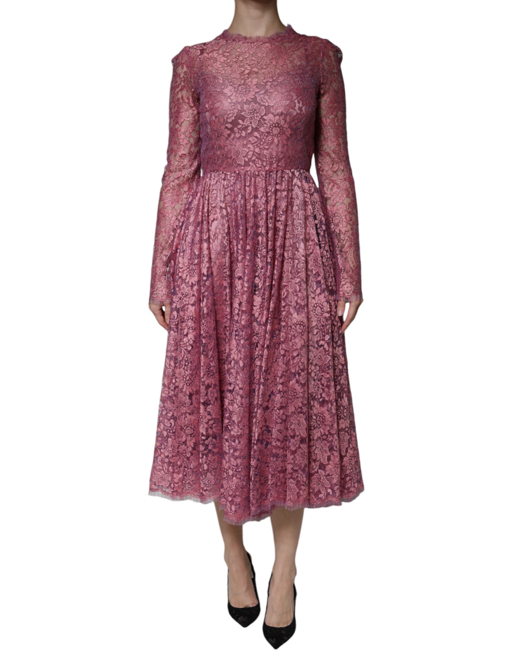 Dolce & Gabbana Pink Floral Lace Long Sleeve Midi Dress