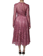 Dolce & Gabbana Pink Floral Lace Long Sleeve Midi Dress