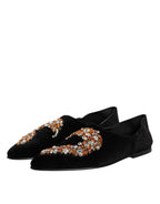 Dolce & Gabbana Black Velvet Embellished Loafer Slip On Shoes