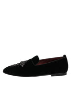 Dolce & Gabbana Black Velvet Embellished Loafer Slip On Shoes