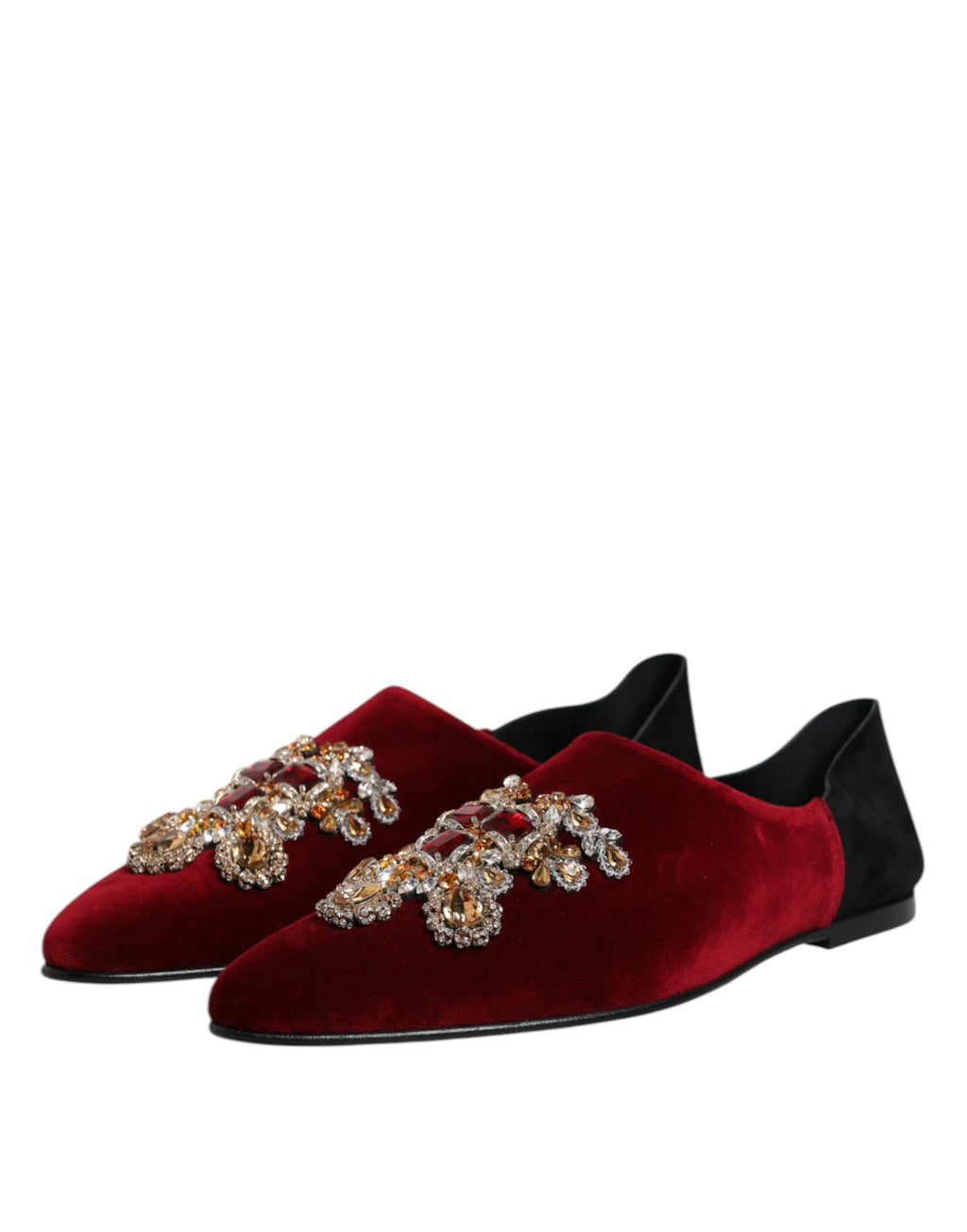Dolce & Gabbana Black Red Velvet Embellished Slip On Shoes