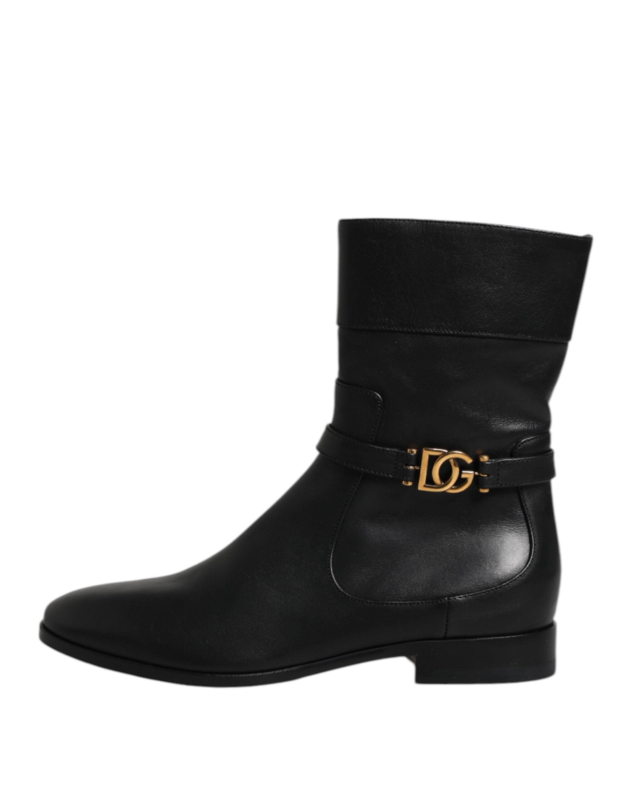 Dolce & Gabbana Black Leather Flats Logo Short Boots Shoes