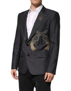 Dolce & Gabbana Dark Gray Bee Embroidery SICILIA Coat Blazer