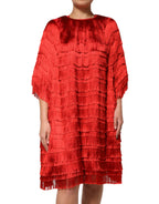 Dolce & Gabbana Red Silk Tiers Fringe Shift Knee Length Dress